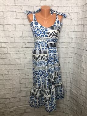 BELLAMBIA Dress Size M 97% Cotton Blue Floral White Shoulder Ties Made in Italy
